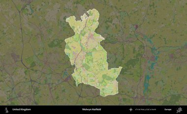 Welwyn Hatfield. Birleşik Krallık 'ın idari alanı karanlık bir OpenStreetMap İnsani Haritası biçiminde vurgulanmış ve özetlenmiştir