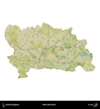 Batı Berkshire. Birleşik Krallık 'ın idari alanı bir OpenStreetMap İnsani Harita stili haritasında beyaza izole edildi