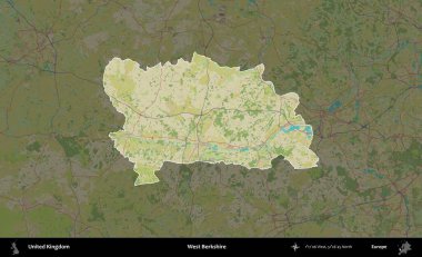 Batı Berkshire. Birleşik Krallık 'ın idari alanı karanlık bir OpenStreetMap İnsani Haritası biçiminde vurgulanmış ve özetlenmiştir