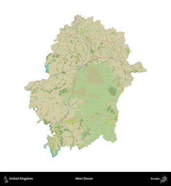Batı Devon. Birleşik Krallık 'ın idari alanı bir OpenStreetMap İnsani Harita stili haritasında beyaza izole edildi