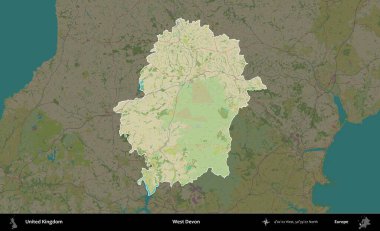 Batı Devon. Birleşik Krallık 'ın idari alanı karanlık bir OpenStreetMap İnsani Haritası biçiminde vurgulanmış ve özetlenmiştir