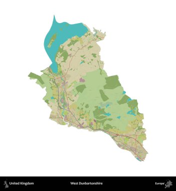Batı Dunbartonshire. Birleşik Krallık 'ın idari alanı bir OpenStreetMap İnsani Harita stili haritasında beyaza izole edildi