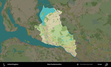 Batı Dunbartonshire. Birleşik Krallık 'ın idari alanı karanlık bir OpenStreetMap İnsani Haritası biçiminde vurgulanmış ve özetlenmiştir
