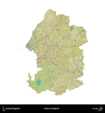 İngiltere 'nin batısında. Birleşik Krallık 'ın idari alanı bir OpenStreetMap İnsani Harita stili haritasında beyaza izole edildi