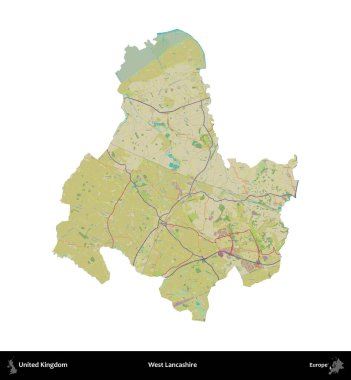 Batı Lancashire. Birleşik Krallık 'ın idari alanı bir OpenStreetMap İnsani Harita stili haritasında beyaza izole edildi
