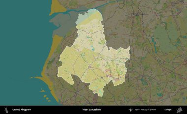 Batı Lancashire. Birleşik Krallık 'ın idari alanı karanlık bir OpenStreetMap İnsani Haritası biçiminde vurgulanmış ve özetlenmiştir