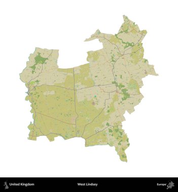 Batı Lindsey. Birleşik Krallık 'ın idari alanı bir OpenStreetMap İnsani Harita stili haritasında beyaza izole edildi
