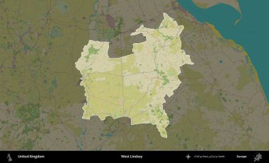 Batı Lindsey. Birleşik Krallık 'ın idari alanı karanlık bir OpenStreetMap İnsani Haritası biçiminde vurgulanmış ve özetlenmiştir