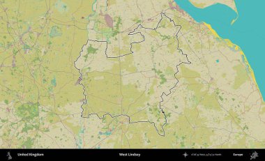 Batı Lindsey. Birleşik Krallık 'ın bir OpenStreetMap İnsani Biçim haritasında özetlenmiş idari alanı
