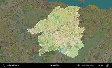 Batı Lothian. Birleşik Krallık 'ın idari alanı karanlık bir OpenStreetMap İnsani Haritası biçiminde vurgulanmış ve özetlenmiştir