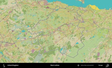 Batı Lothian. Birleşik Krallık 'ın bir OpenStreetMap İnsani Biçim haritasında özetlenmiş idari alanı