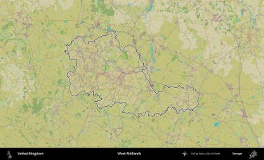 Batı Midlands. Birleşik Krallık 'ın bir OpenStreetMap İnsani Biçim haritasında özetlenmiş idari alanı
