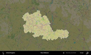 Batı Midlands. Birleşik Krallık 'ın idari alanı karanlık bir OpenStreetMap İnsani Haritası biçiminde vurgulanmış ve özetlenmiştir