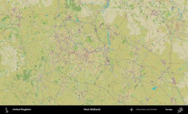 Batı Midlands. Birleşik Krallık 'ın idari alanı bir OpenStreetMap İnsani Biçim haritası üzerinde