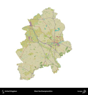Batı Northamptonshire. Birleşik Krallık 'ın idari alanı bir OpenStreetMap İnsani Harita stili haritasında beyaza izole edildi