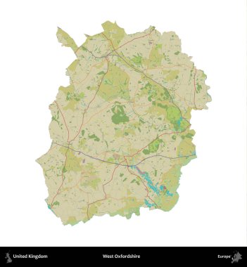 Batı Oxfordshire. Birleşik Krallık 'ın idari alanı bir OpenStreetMap İnsani Harita stili haritasında beyaza izole edildi