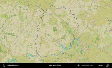 Batı Oxfordshire. Birleşik Krallık 'ın bir OpenStreetMap İnsani Biçim haritasında özetlenmiş idari alanı