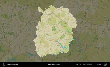 Batı Oxfordshire. Birleşik Krallık 'ın idari alanı karanlık bir OpenStreetMap İnsani Haritası biçiminde vurgulanmış ve özetlenmiştir