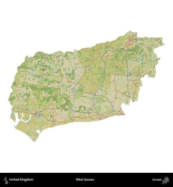 Batı Sussex. Birleşik Krallık 'ın idari alanı bir OpenStreetMap İnsani Harita stili haritasında beyaza izole edildi