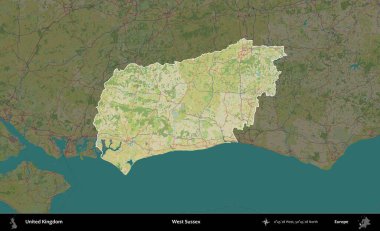 Batı Sussex. Birleşik Krallık 'ın idari alanı karanlık bir OpenStreetMap İnsani Haritası biçiminde vurgulanmış ve özetlenmiştir