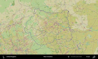 Batı Yorkshire. Birleşik Krallık 'ın bir OpenStreetMap İnsani Biçim haritasında özetlenmiş idari alanı