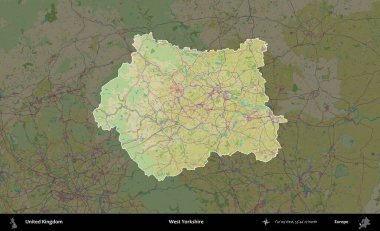Batı Yorkshire. Birleşik Krallık 'ın idari alanı karanlık bir OpenStreetMap İnsani Haritası biçiminde vurgulanmış ve özetlenmiştir