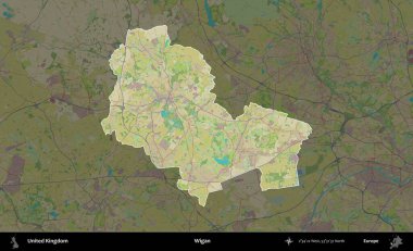 Wigan. Birleşik Krallık 'ın idari alanı karanlık bir OpenStreetMap İnsani Haritası biçiminde vurgulanmış ve özetlenmiştir