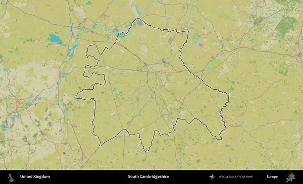 Güney Cambridgeshire. Birleşik Krallık 'ın bir OpenStreetMap İnsani Biçim haritasında özetlenmiş idari alanı
