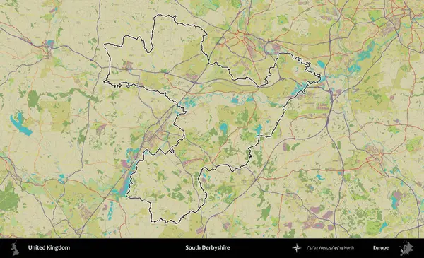 Güney Derbyshire. Birleşik Krallık 'ın bir OpenStreetMap İnsani Biçim haritasında özetlenmiş idari alanı