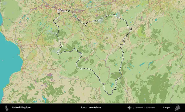 Güney Lanarkshire. Birleşik Krallık 'ın bir OpenStreetMap İnsani Biçim haritasında özetlenmiş idari alanı