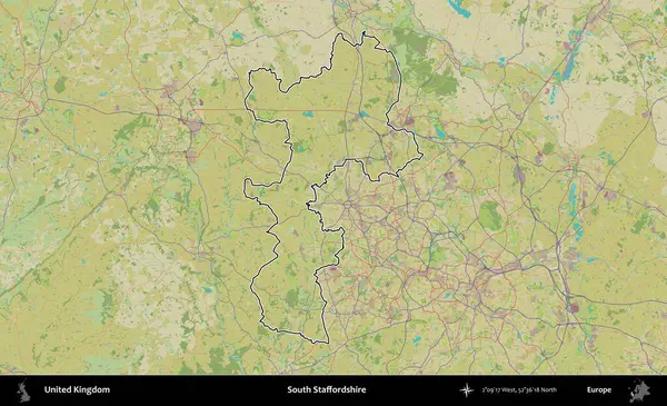 Güney Staffordshire. Birleşik Krallık 'ın bir OpenStreetMap İnsani Biçim haritasında özetlenmiş idari alanı