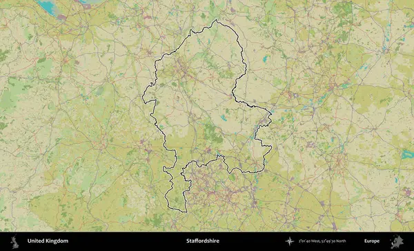 Staffordshire 'da. Birleşik Krallık 'ın bir OpenStreetMap İnsani Biçim haritasında özetlenmiş idari alanı