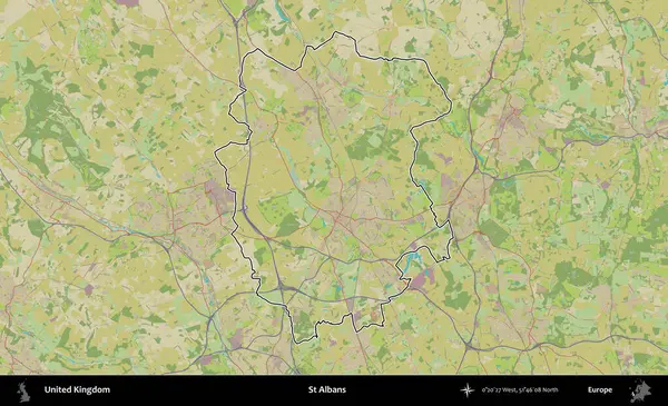 Aziz Albans. Birleşik Krallık 'ın bir OpenStreetMap İnsani Biçim haritasında özetlenmiş idari alanı