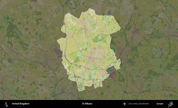 Aziz Albans. Birleşik Krallık 'ın idari alanı karanlık bir OpenStreetMap İnsani Haritası biçiminde vurgulanmış ve özetlenmiştir