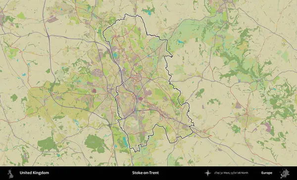 Stoke-on-Trent. Birleşik Krallık 'ın bir OpenStreetMap İnsani Biçim haritasında özetlenmiş idari alanı