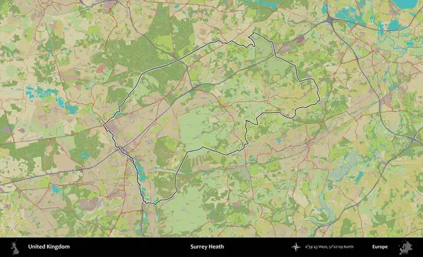 Surrey Heath. Birleşik Krallık 'ın bir OpenStreetMap İnsani Biçim haritasında özetlenmiş idari alanı