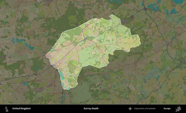 Surrey Heath. Birleşik Krallık 'ın idari alanı karanlık bir OpenStreetMap İnsani Haritası biçiminde vurgulanmış ve özetlenmiştir
