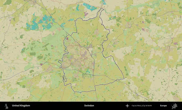 Swindon. Birleşik Krallık 'ın bir OpenStreetMap İnsani Biçim haritasında özetlenmiş idari alanı