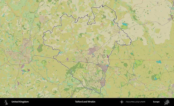 Telford ve Wrekin. Birleşik Krallık 'ın bir OpenStreetMap İnsani Biçim haritasında özetlenmiş idari alanı