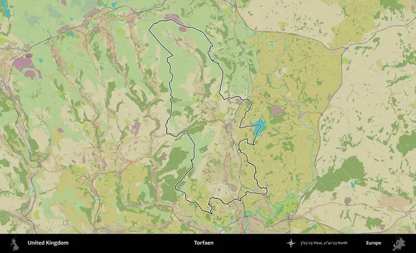 Torfaen. Birleşik Krallık 'ın bir OpenStreetMap İnsani Biçim haritasında özetlenmiş idari alanı