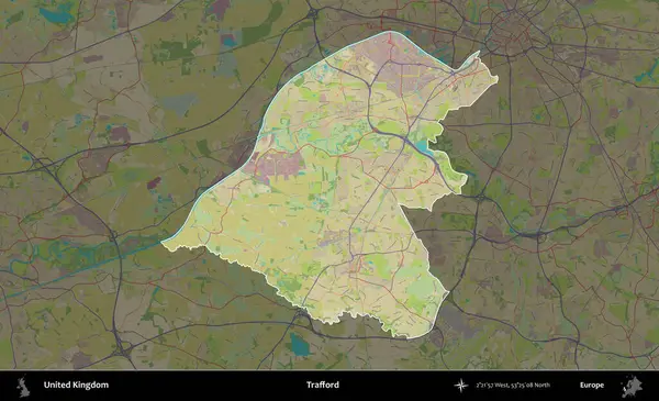 Trafford 'da. Birleşik Krallık 'ın idari alanı karanlık bir OpenStreetMap İnsani Haritası biçiminde vurgulanmış ve özetlenmiştir