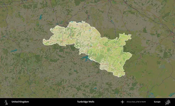 Tunbridge Wells 'de. Birleşik Krallık 'ın idari alanı karanlık bir OpenStreetMap İnsani Haritası biçiminde vurgulanmış ve özetlenmiştir