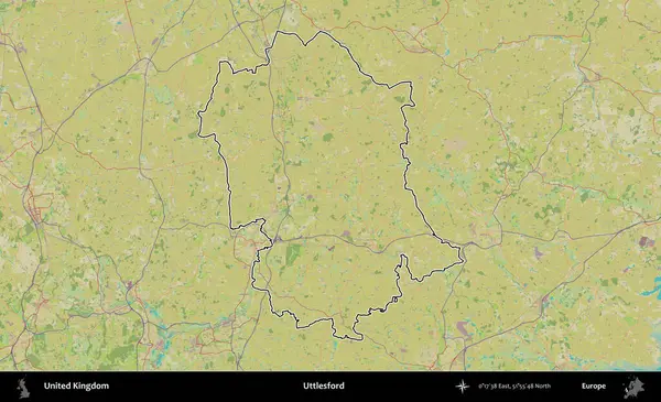 Uttlesford 'da. Birleşik Krallık 'ın bir OpenStreetMap İnsani Biçim haritasında özetlenmiş idari alanı