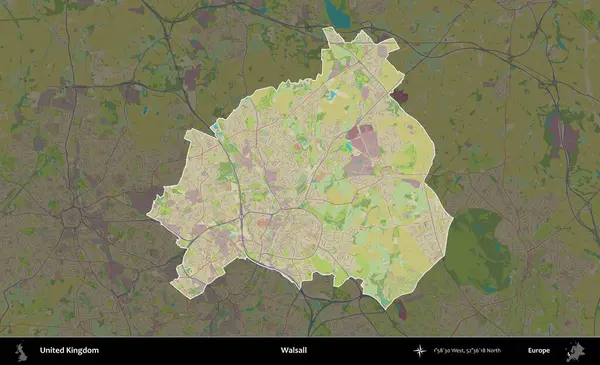 Walsall. Birleşik Krallık 'ın idari alanı karanlık bir OpenStreetMap İnsani Haritası biçiminde vurgulanmış ve özetlenmiştir