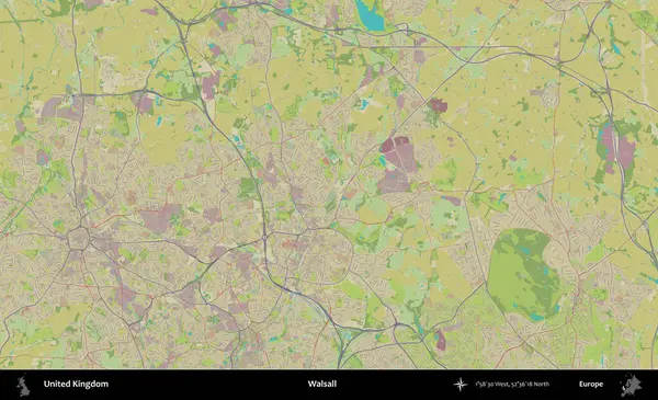 Walsall. Birleşik Krallık 'ın idari alanı bir OpenStreetMap İnsani Biçim haritası üzerinde