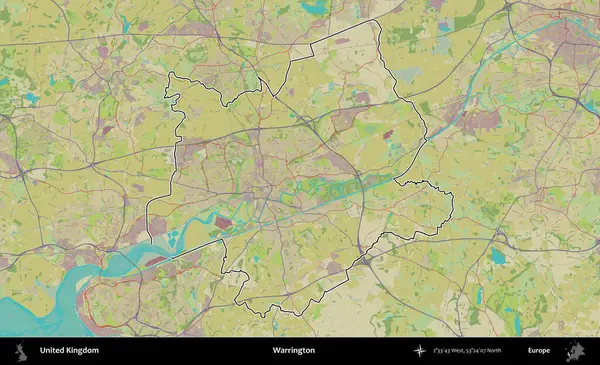 Warrington. Birleşik Krallık 'ın bir OpenStreetMap İnsani Biçim haritasında özetlenmiş idari alanı