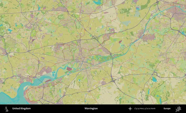 Warrington. Birleşik Krallık 'ın idari alanı bir OpenStreetMap İnsani Biçim haritası üzerinde