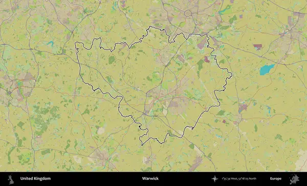 Warwick. Birleşik Krallık 'ın bir OpenStreetMap İnsani Biçim haritasında özetlenmiş idari alanı