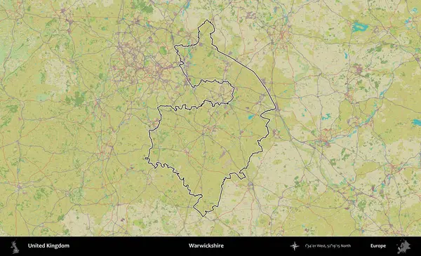 Warwickshire 'da. Birleşik Krallık 'ın bir OpenStreetMap İnsani Biçim haritasında özetlenmiş idari alanı