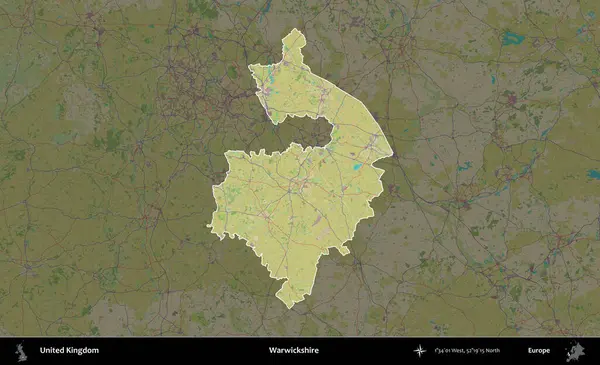 Warwickshire 'da. Birleşik Krallık 'ın idari alanı karanlık bir OpenStreetMap İnsani Haritası biçiminde vurgulanmış ve özetlenmiştir
